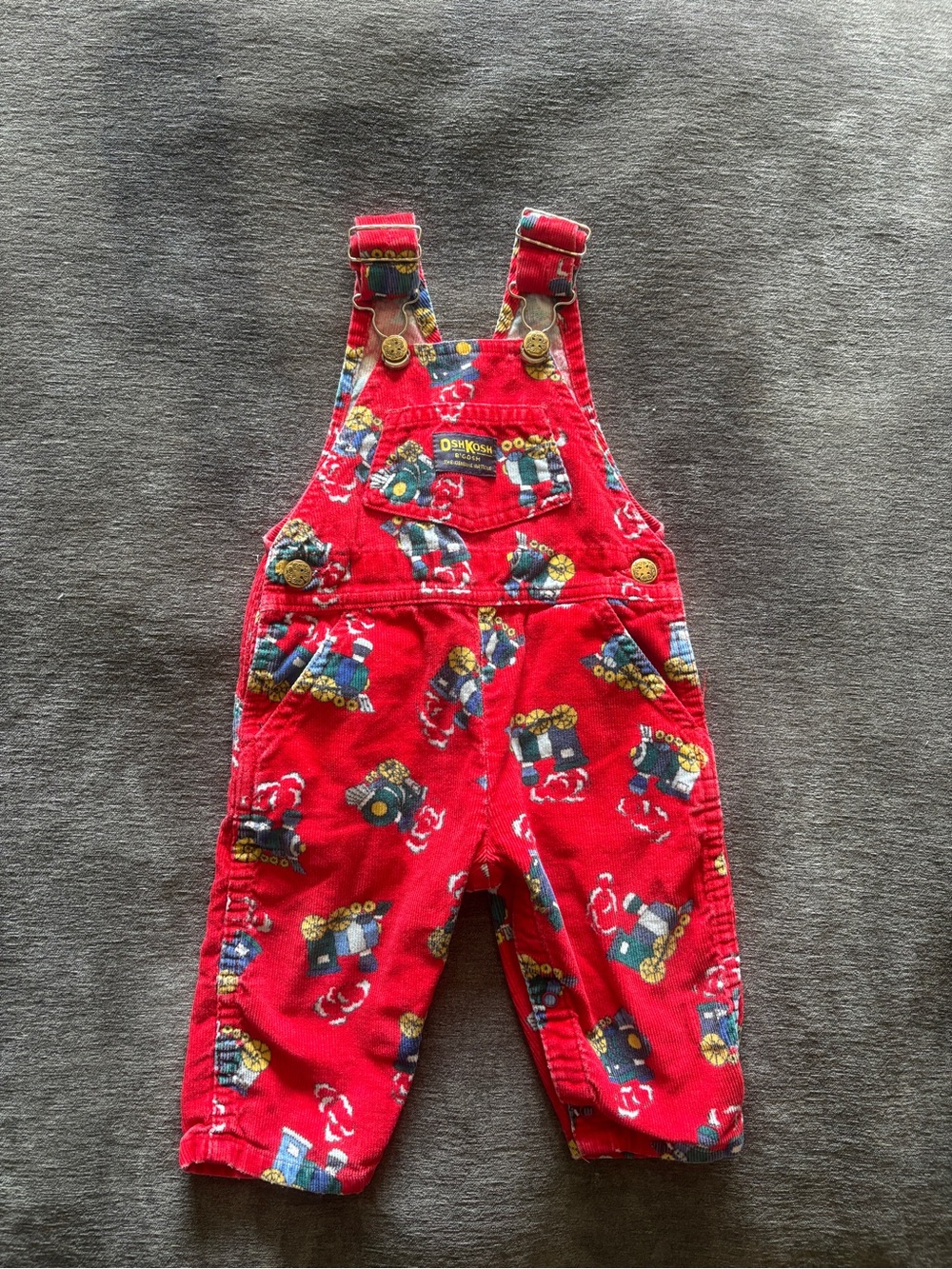 Vintage Oshkosh B'gosh Red Train Print Toddler Overalls
